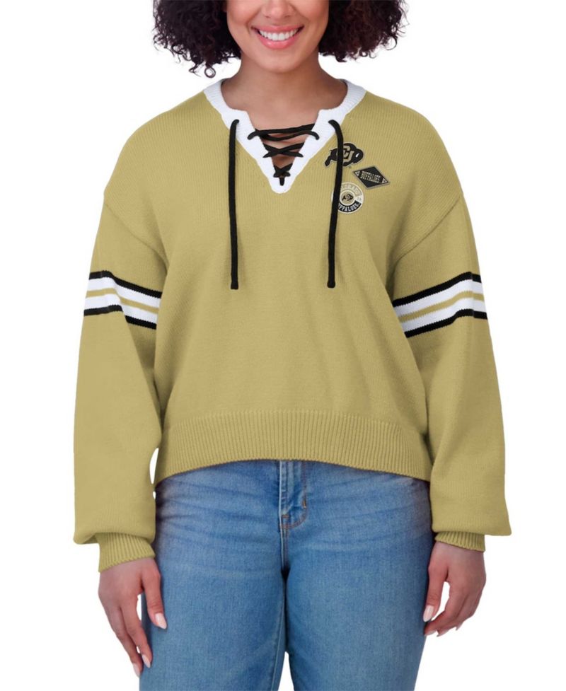 Women's Gold Colorado Buffaloes Lace-Up Pullover Sweater