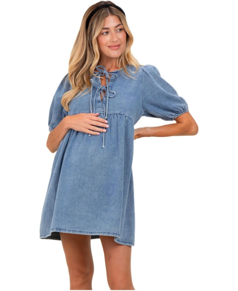 Women's Blue Chambray Double Front Tie Dress