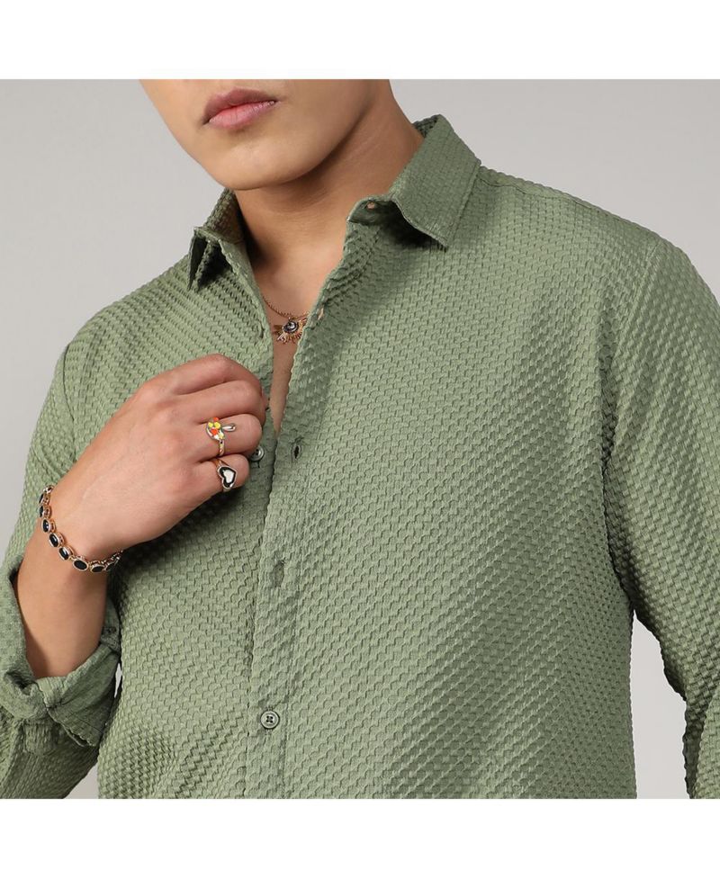 Men's Pistachio Green Textured Micro Buffalo Check Shirt