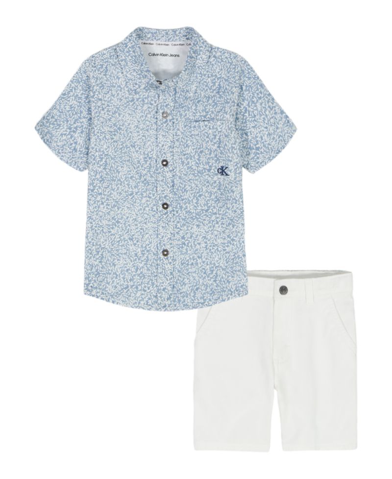 Boys' 2T-7 Printed Poplin Button-Front Shirt and Twill Shorts, 2-Piece Set