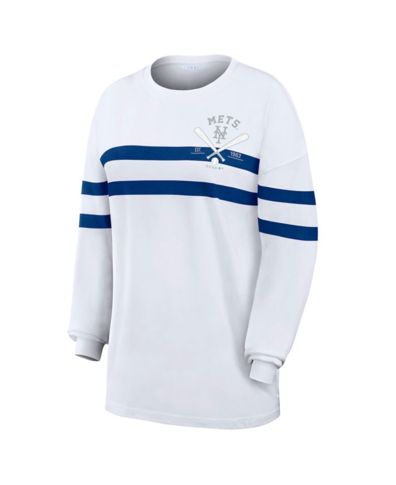 Women's White New York Mets Oversized Long Sleeve Striped T-Shirt