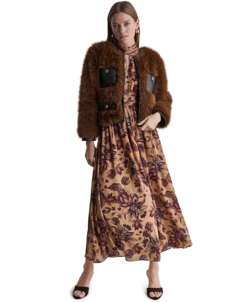 Women's Cropped Faux Fur Jacket with Faux Leather Trim
