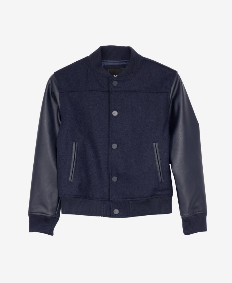 Boys Wool Varsity Bomber Jacket With Grainy PU Sleevees Jackets