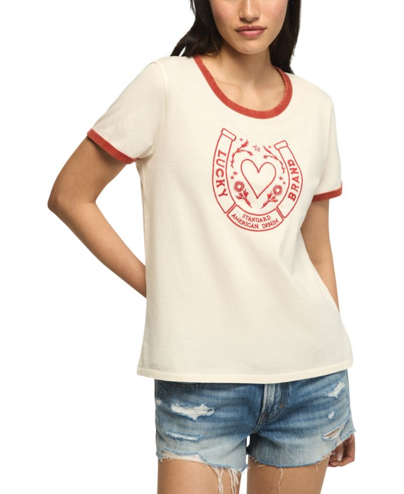 Women's Lucky Horseshoe Retro Graphic Ringer T-Shirt