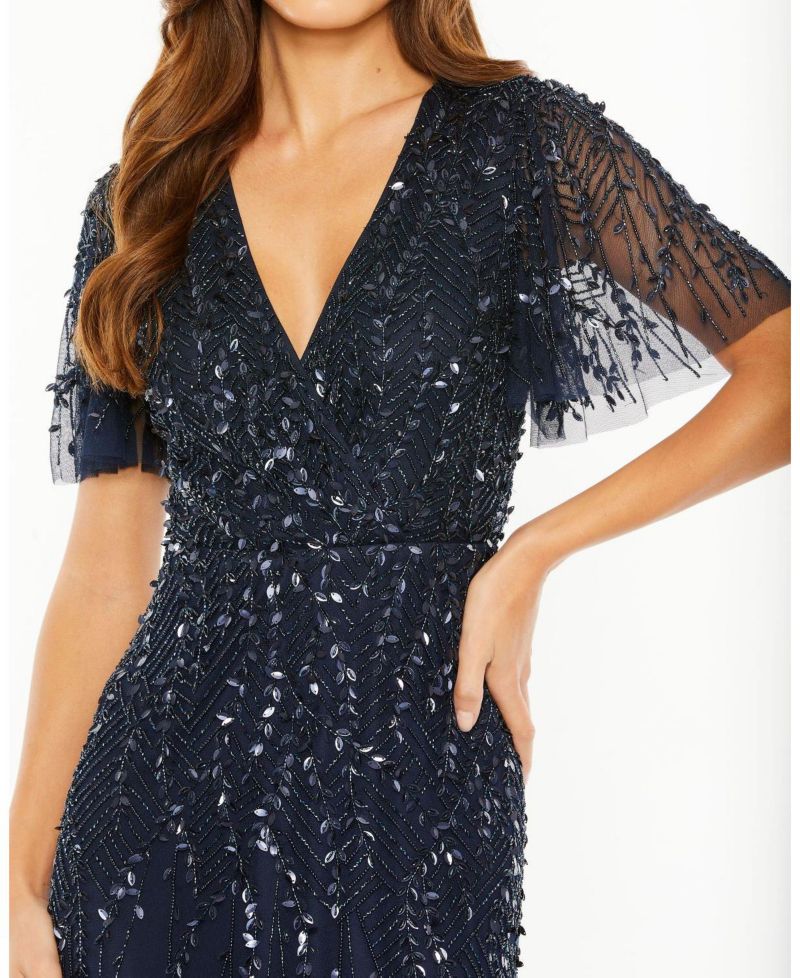 Women's Beaded Wrap Over Butterfly Sleeve Column Dress