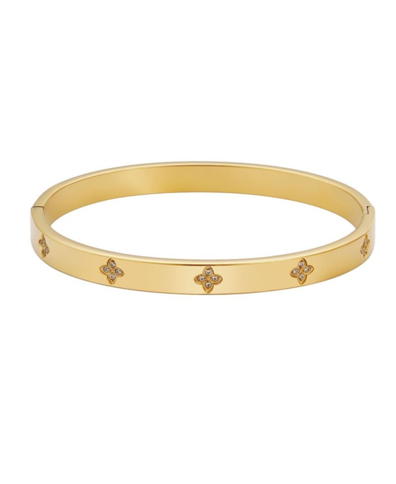 Tarnish Resistant Gold Pave Clover Cuff Bracelet