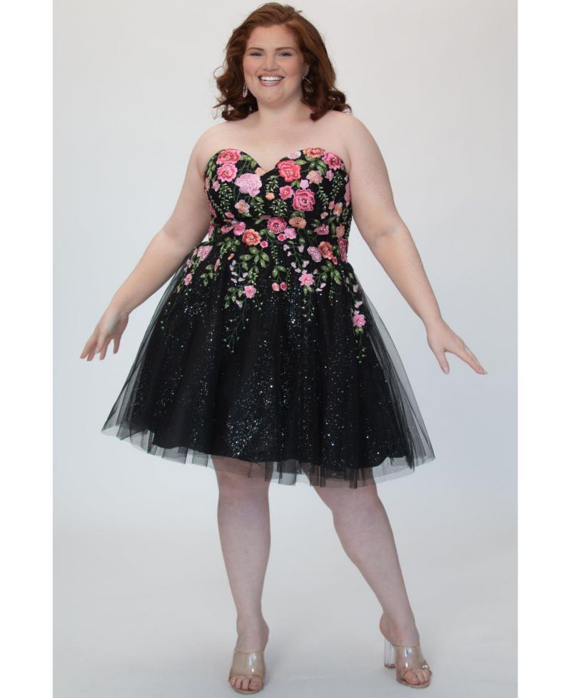 Plus Size Strapless Floral Embroidered Sparkle Tulle Short Party Dress