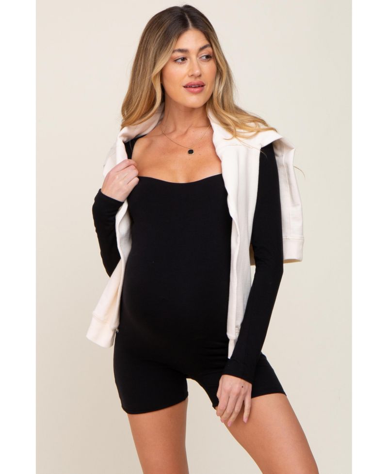 Women's Black Square Neck Long Sleeve Romper
