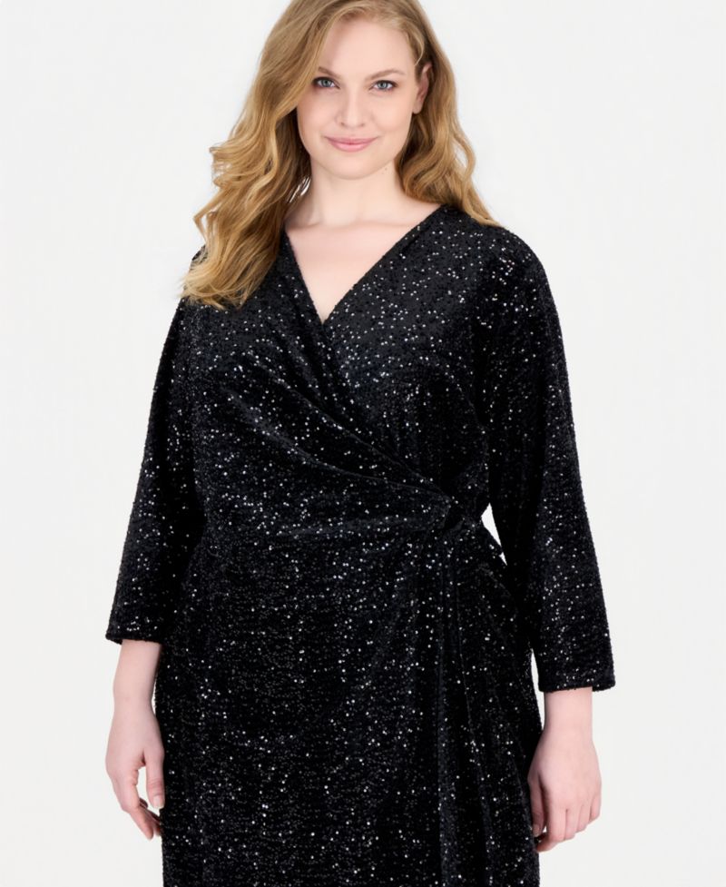 Plus Size Sequin Wrap V-Neck Dress