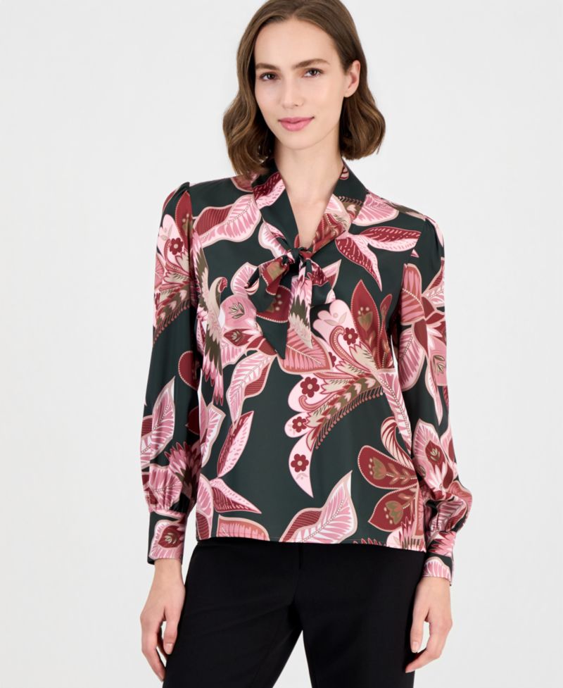 Women's Long-Sleeve V-Neck Bow Tie Floral-Print Blouse