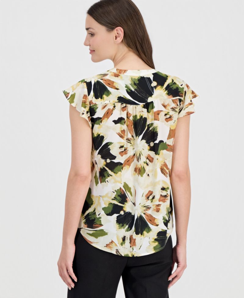 Petite Printed Split-Neck Flutter-Sleeve Blouse