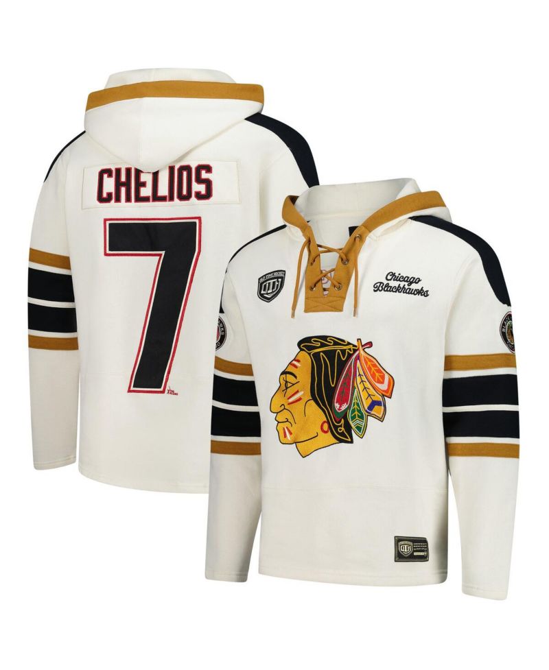 Men's Chris Chelios Cream Chicago Blackhawks Blue Line Heritage Name & Number Lace-Up Pullover Hoodie