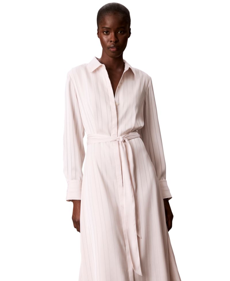 Women's Long-Sleeve Satin-Stripe Midi Shirt Dress