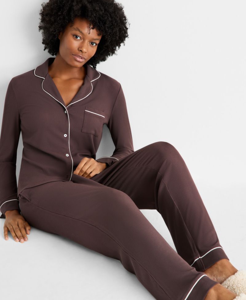 Women's 2-Piece Packaged Ribbed Notched-Collar Pajama set XS-3X