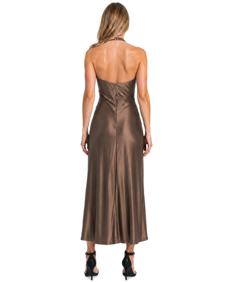 Juniors' Cowl-Neck Halter Open-Back Gown