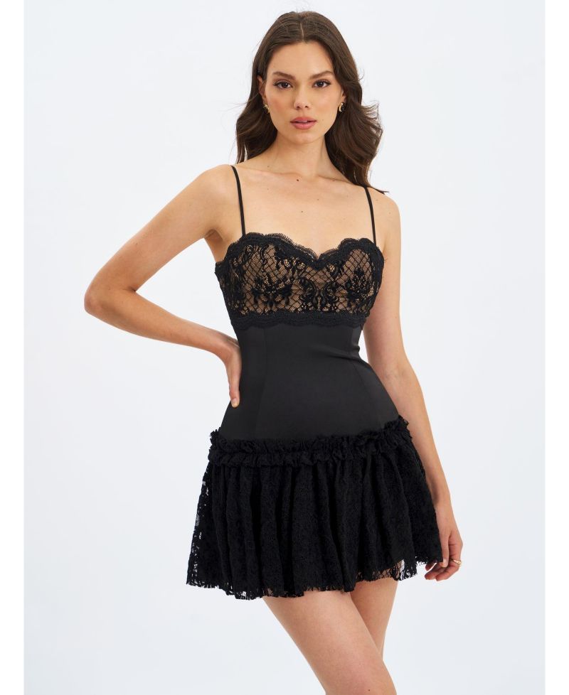 Women's Umra Black Contrast Lace Sweetheart Gathered Mini Dress