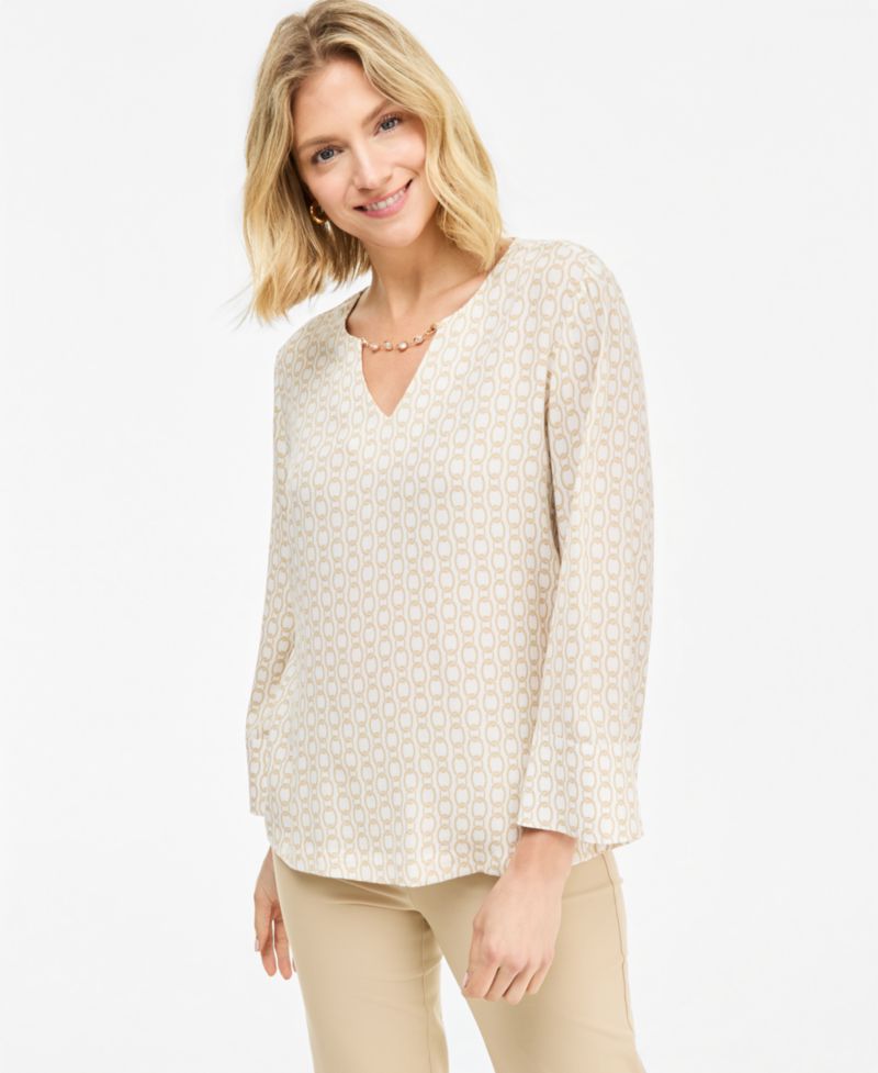 Petite Vertical Chain Top V-Neck Bell Sleeve Blouse