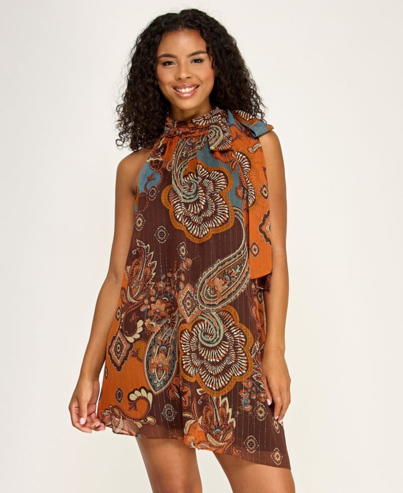 Juniors' Mock Neck Paisley Print Short Dress