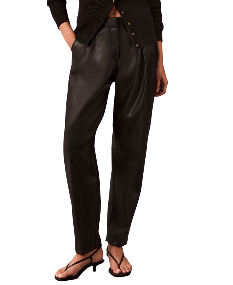 Women's Faux Leather High-Rise Pleated Barrel Leg Pants