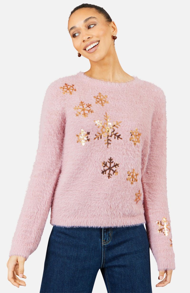 Women's Sequin Snowflake Fluffy Crewneck Sweater