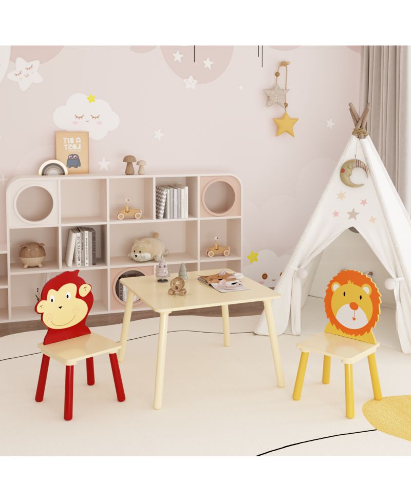 3 Piece Wood Table and Chair Set, w/ 2 LionandMonkey Animals Chairs, Wood Activity Tables Drawing Play Table Set, for Age 2-6 Boy Girl