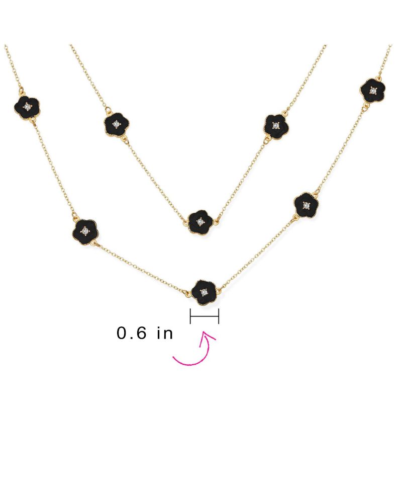 Long Crystal Enamel Rose Flower Double Wrap Clover Necklace Gold Tone 36"