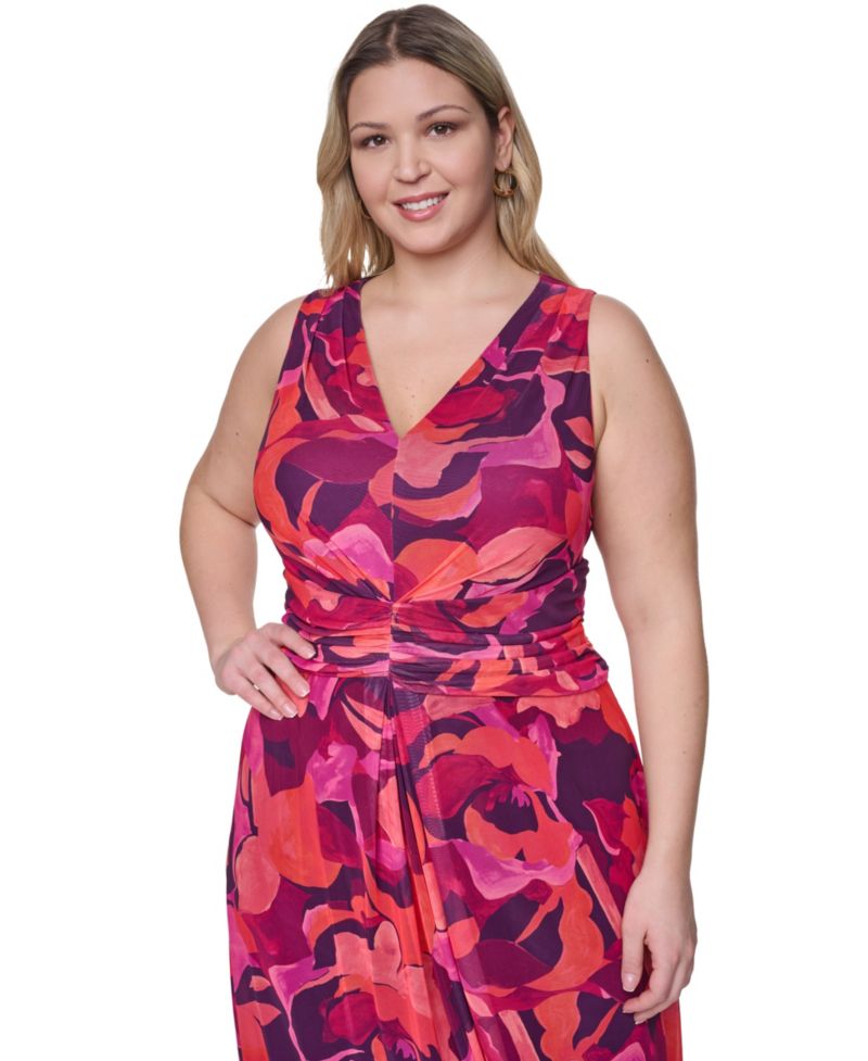 Plus Size Sleeveless V-Neck Ruched Waist Midi Dress