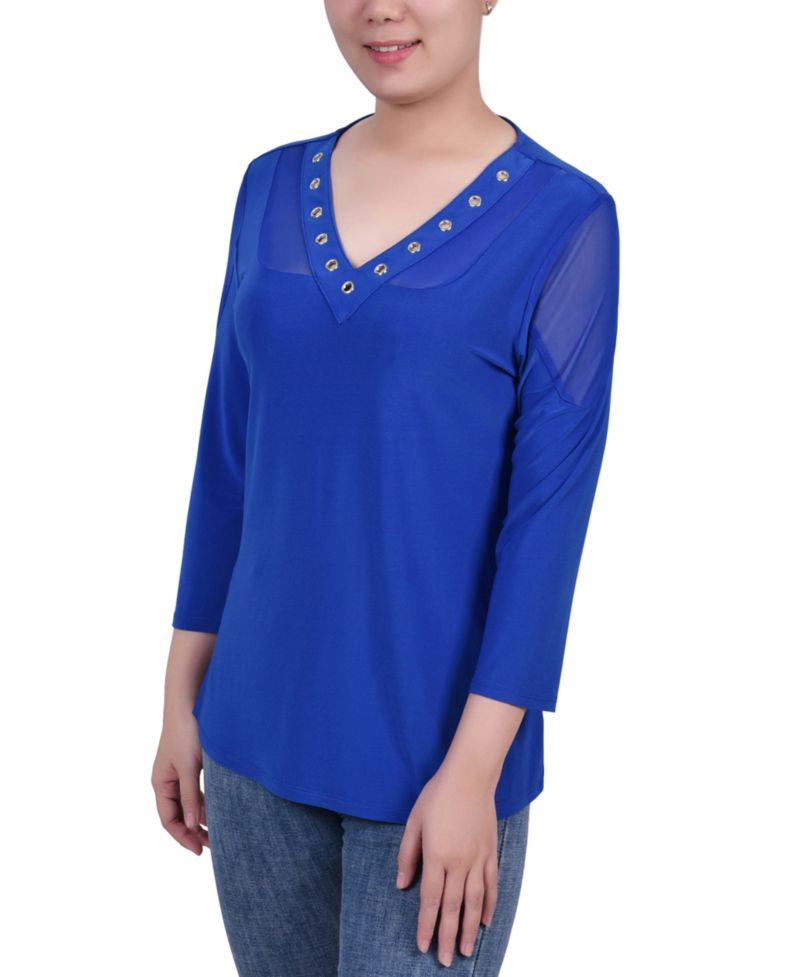 Petite Long Sleeve Top with Mesh Insets