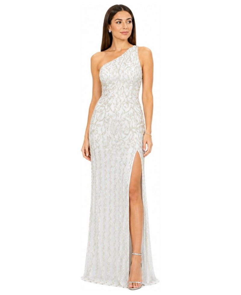 Women's One-Shoulder Beaded Gown with Slit