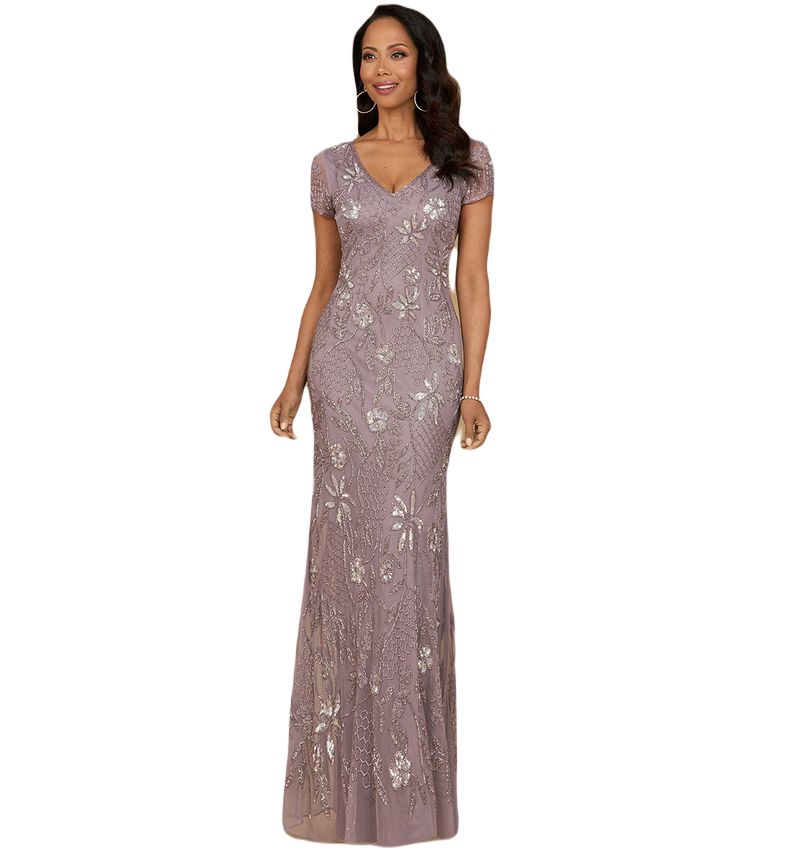 Women's V-Neck, Short Sleeve Beaded Gown