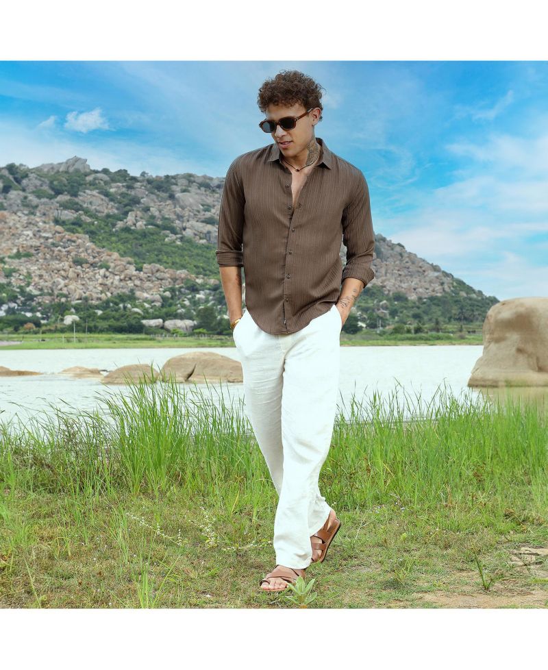 Men's Mocha Brown Self-Design Striped Shirt