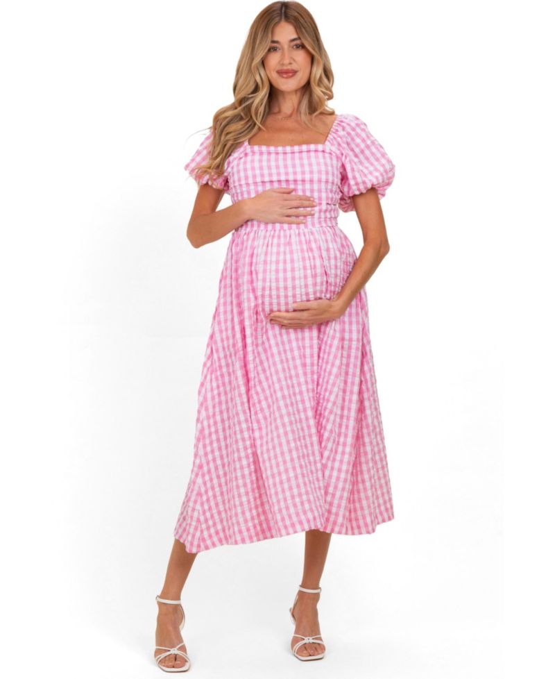Women's Pink Gingham Puff Sleeve Midi Dress
