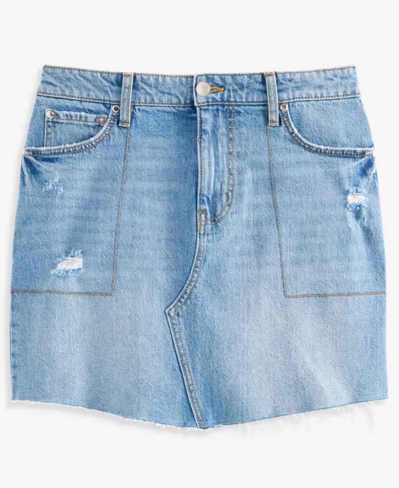 Women's Mid-Rise Raw-Edge-Hem Mini Denim Skirt