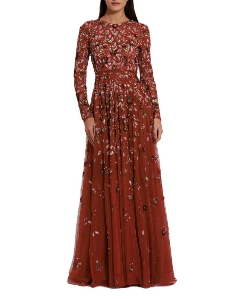 Women's Embellished High Neck Long Sleeve A Line Gown