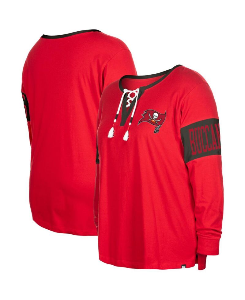 Women's Red Tampa Bay Buccaneers Plus Size Lace-Up Notch Neck Long Sleeve T-Shirt