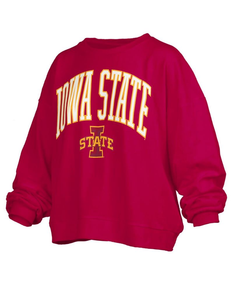 Women's Cardinal Iowa State Cyclones Janise Arch Over Logo Waist Length Oversized Pullover Sweatshirt