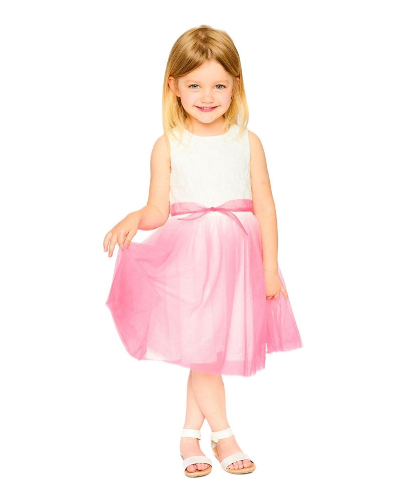 Big Girls Bi-Material Pleated Mesh Dress White and Pink