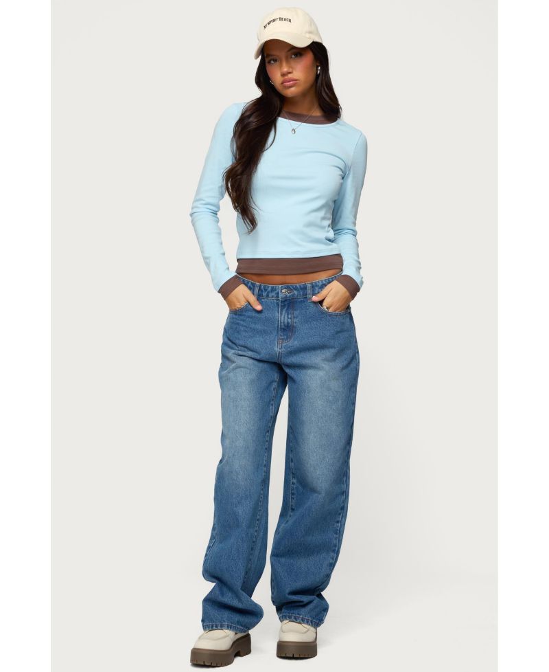 Women's Contrast Layered Look Long Sleeve T Shirt
