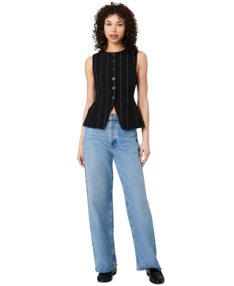 Women's Wide Pinstripe Suiting Sleeveless Peplum Top