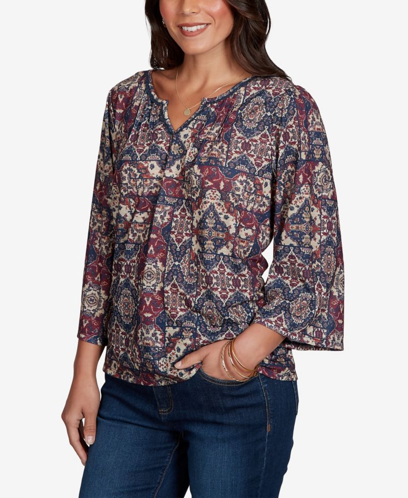 Petite Patchwork 3/4-Sleeve Henley Blouse