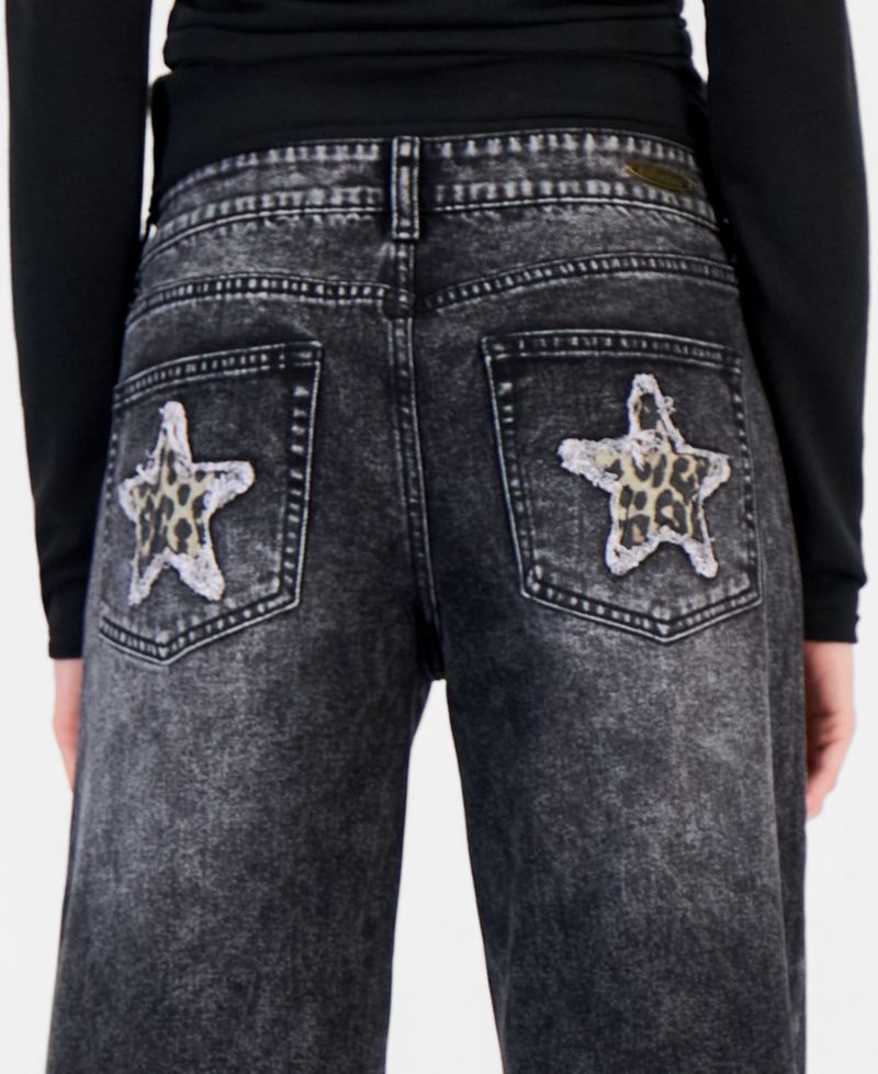 Juniors' Wide-Leg Leopard Star Patch Jeans