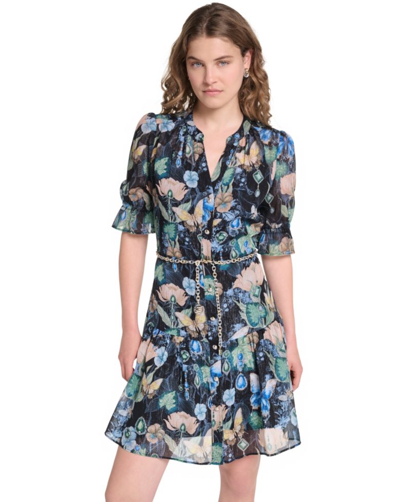Petite Metallic Crinkle Chain Belt Button-Front Dress
