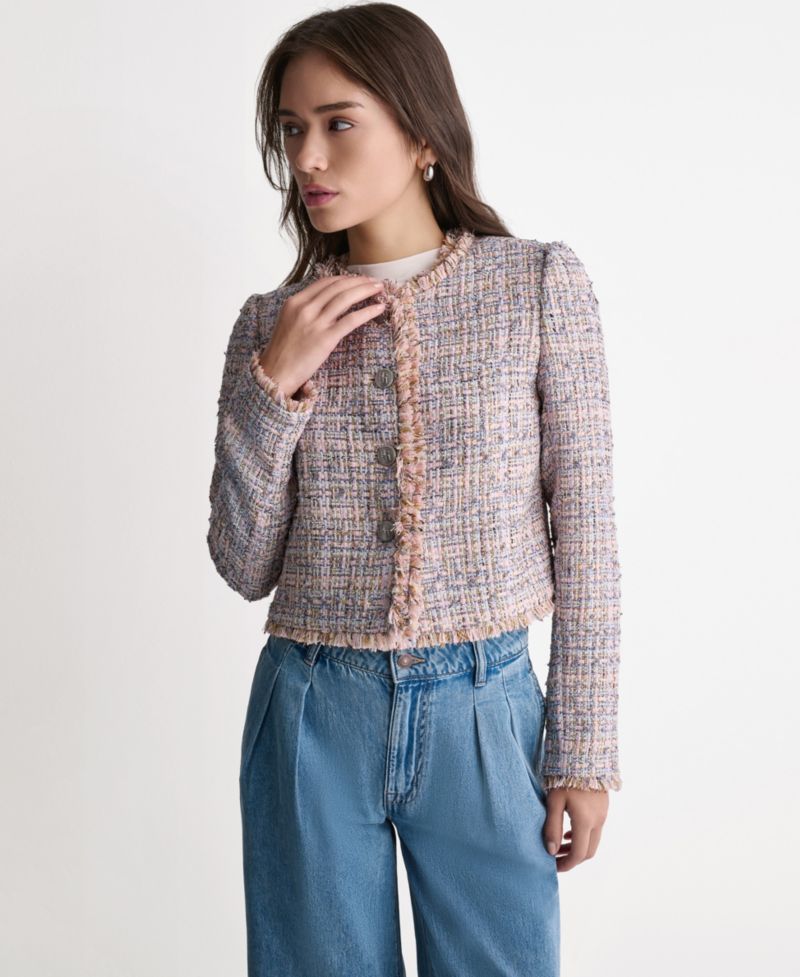 Women's Crewneck Fringe Detail Tweed Jacket