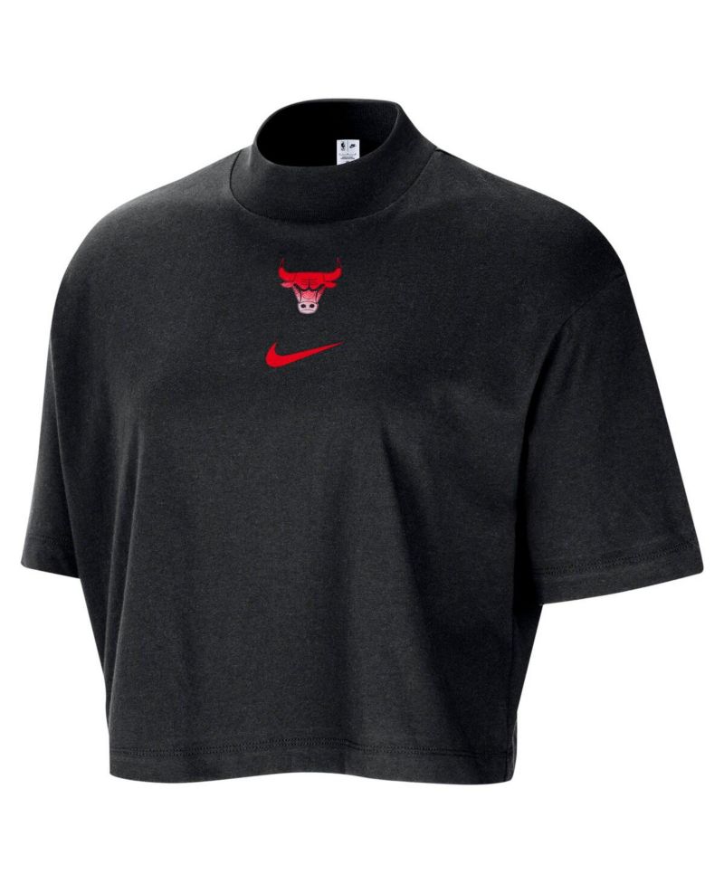 Women's Black Chicago Bulls Courtside Mock Neck Loose Fit Cropped T-Shirt