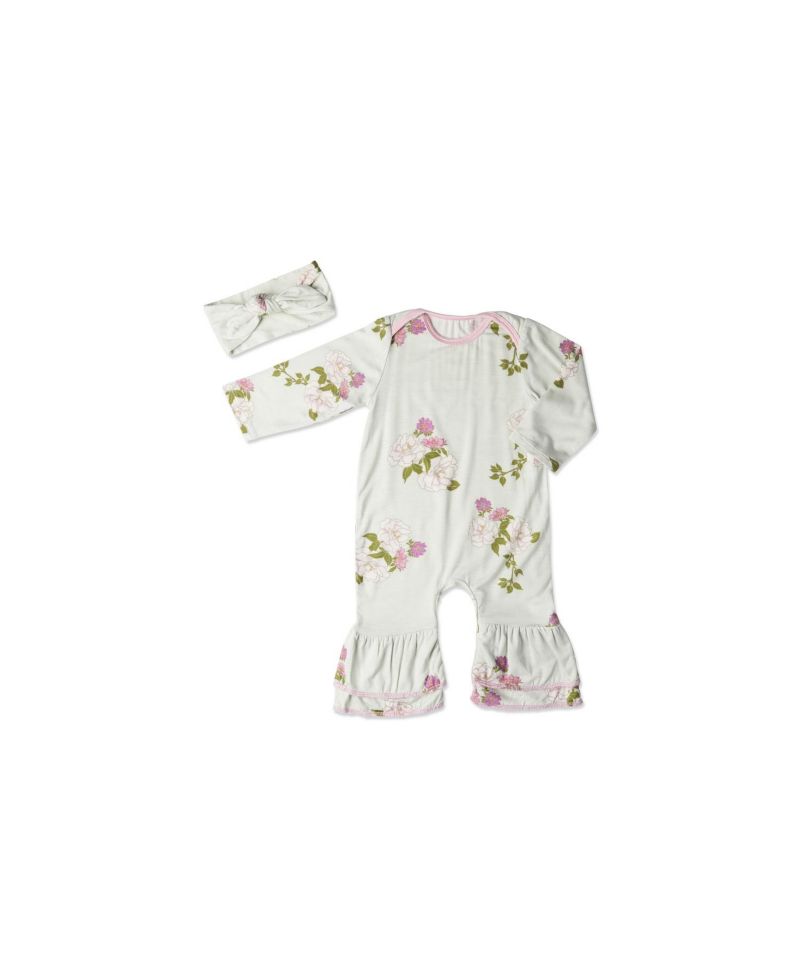 Baby Girls (0 To 18 Months) Ruffle Long Sleeve Romper & Head Wrap Set
