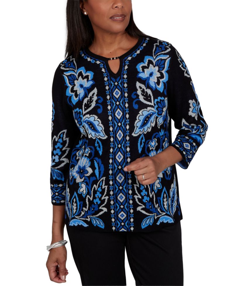 Women's 3/4-Sleeve Keyhole-Neck Floral-Print Pullover