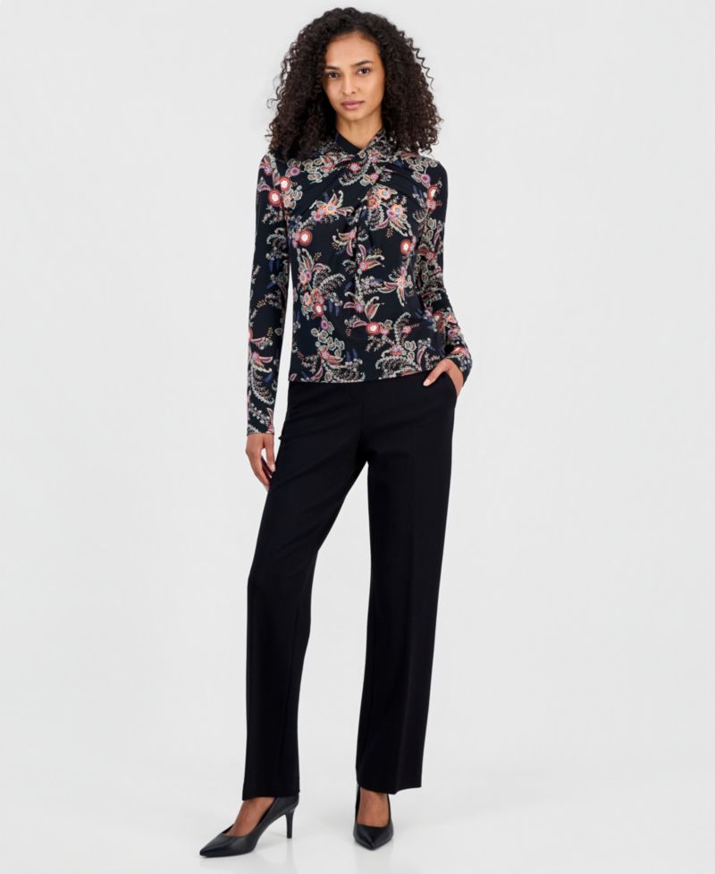 Women's Long-Sleeve Paisley Draped-Neck Blouse