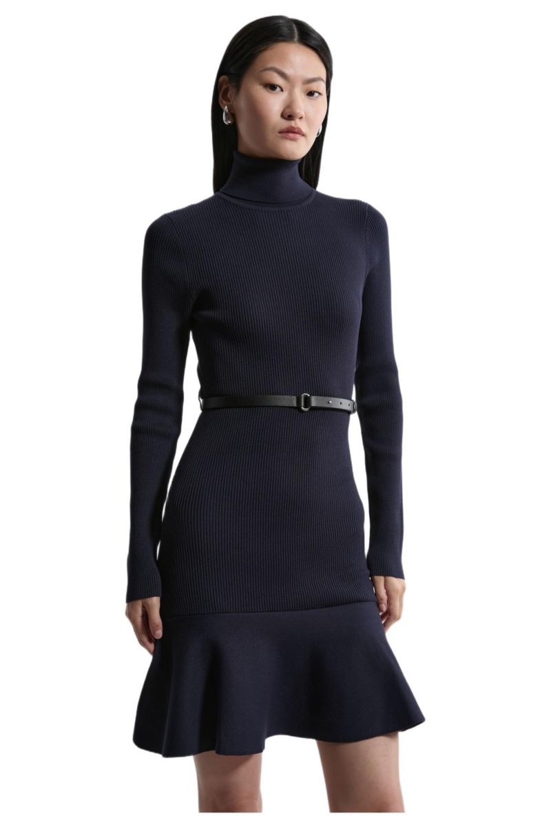 Women's Roll Neck Belted Flippy Hem Mini Dress