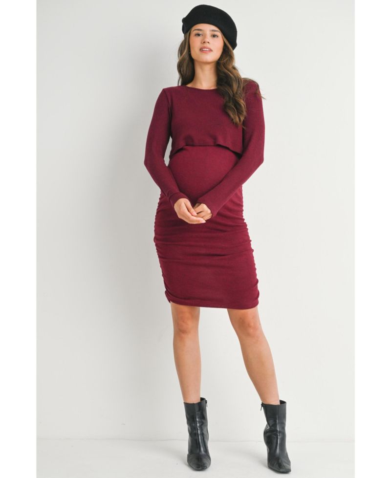 Women's Long Sleeve Ribbed Side Ruched Nursing Dress