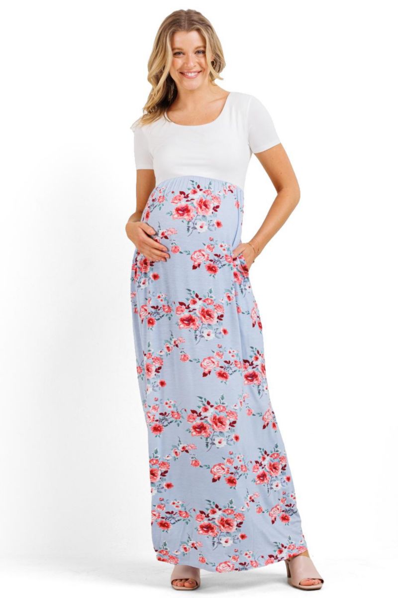 Women's Floral Empire Waist Maxi Dress with Pockets